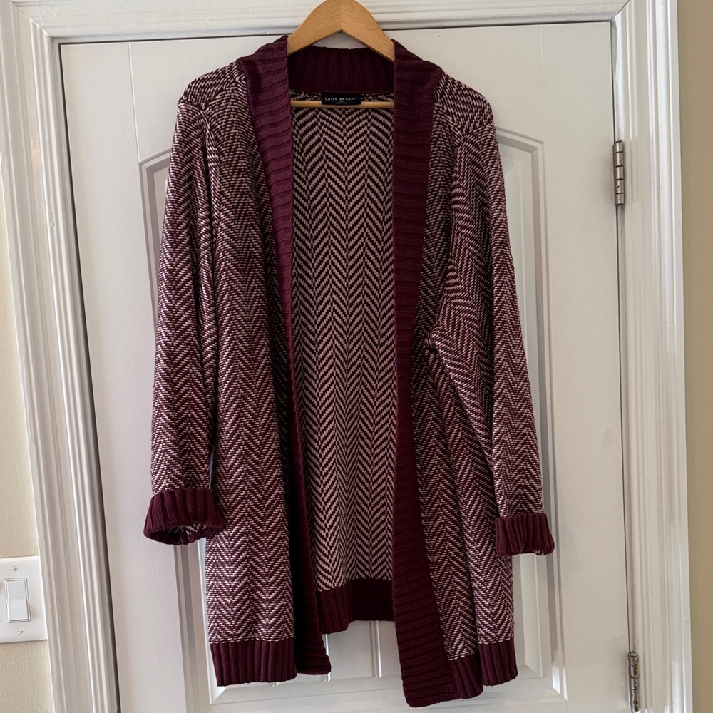 Lane Bryant Chevron Knit Duster Cardigan 22/24 - Maroon & Cream Open Front